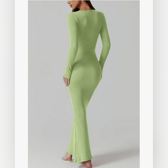Qinsen Ribbed Knit Green Long Sleeve Maxi Bodycon Dress - Picture 8 of 11